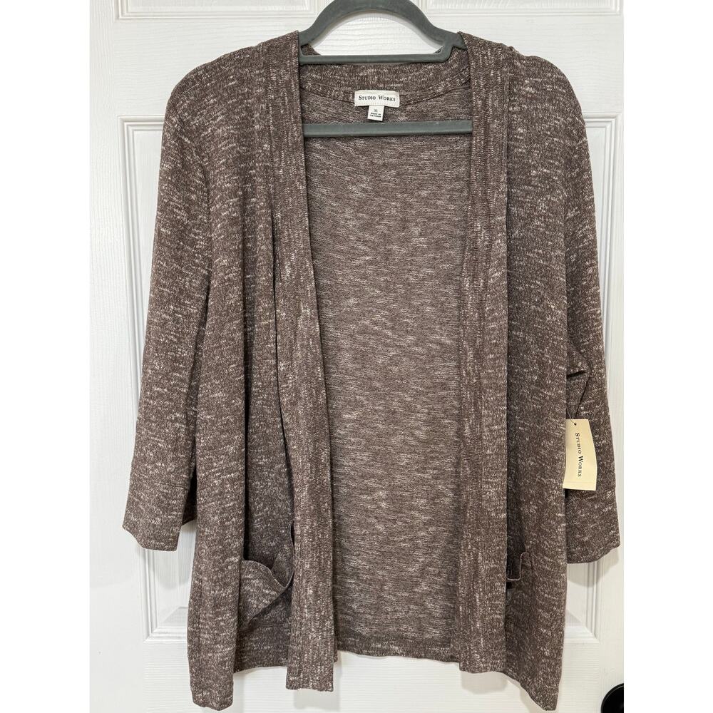 Studio Works Open Front Cardigan Brown/White Heather XL NWT 3/4 Sleeve